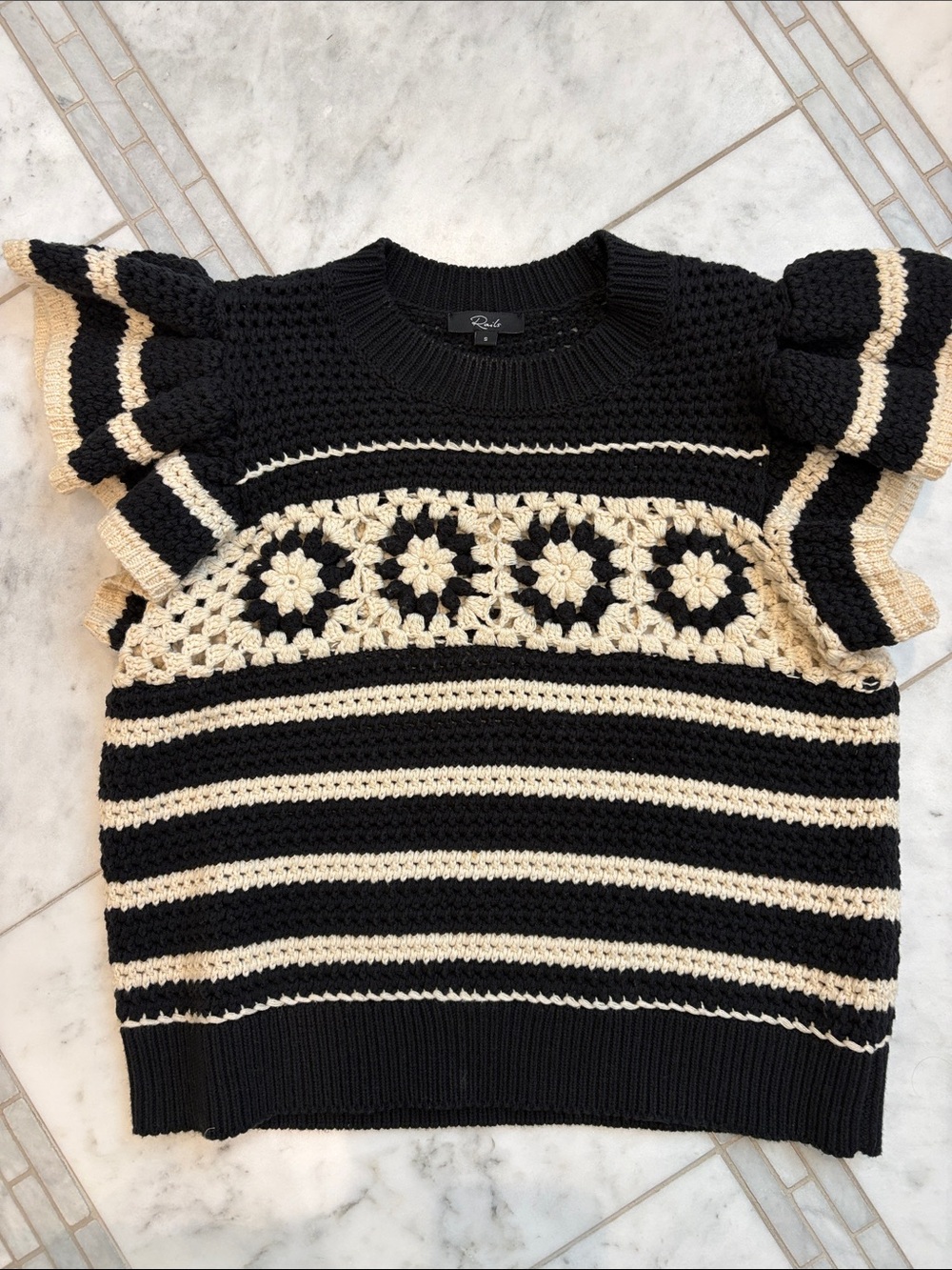 Crocheted Black & Cream Striped Flutter-Sleeve Sweater